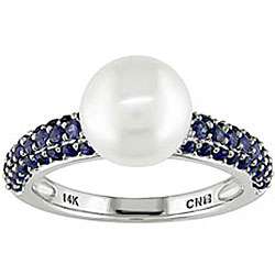 10k White Gold Freshwater Pearl and Sapphire Ring (8 mm)   
