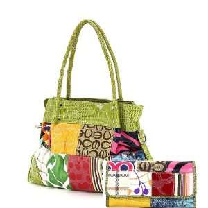 Multi Animal Print Patchwork & Jacquard Tote Handbag & Wallet Green 