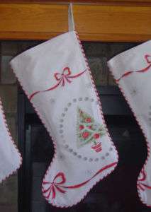 Christmas Stocking Vintage Tablecloth Silver Red Green  