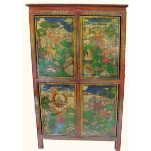  32  wide Tibetan book cabinet with hand painted scenery 