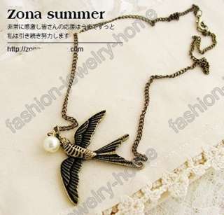 fashion pearl retro bronze swallow necklace  
