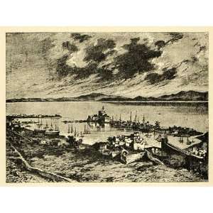 1890 Wood Engraving Harbor Rhodes Island Ship Port Asia Minor Greece 