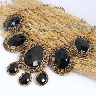   Golden Round Water Drop Oval Black Resin Beads Pendant Necklace  