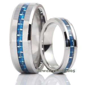 New Matching Tungsten Carbide Men Ring Set Wedding Band w Blue Carbon 