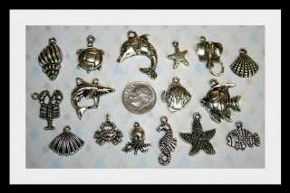 LEAD FREE Silver Sea Life 16pc Charm Lot seahorse shells shark crab 