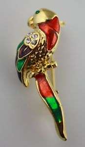 Gold tone rhinestone enamel Parrot bird pin brooch maca  