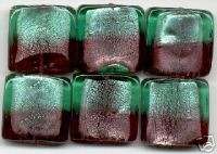Green& Amethyst Silver Foil Square Lampwork Glass Beads  