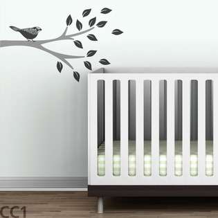 Floral Bird Branch Wall Decal   Color Metallic Silver / Charcoal 