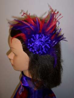  Hat Ladies   Purple Satin Flower w/Red & Purple Feathers w/Duck Clip 