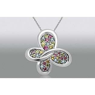 Sterling Silver Butterfly Pendant with Multi Gem, Emerald Accent  True 