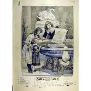  1900 Swan Soap Fountain Cat Children Advert Old Print 