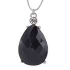   Silvertone Faceted Black Stone and Crystal Pendant Necklace