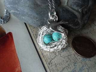 BIRD NEST 2 EGGS NECKLACE WITH MAMA BIRD Silver AND TURQUOISE BEADS 