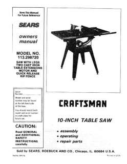  Craftsman Table Saw Manual Model # 113.298750  