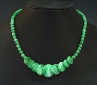 18.5 ASIAN JEWELRY GREEN WHITE JADE BEAD NECKLACE COIN  