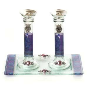  Glass Shabbat Candlesticks of Purple and Blue with 