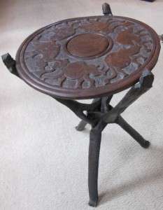 RARE Vintage Hand Carved Primitive Table with Elephant Design 