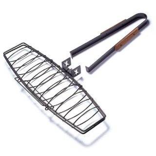 Charcoal Companion Non Stick Triple Fish Grilling Basket with Rosewood 