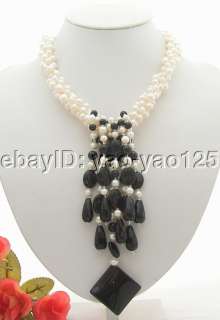Beautiful 4Strds White Pearl&Onyx Necklace  