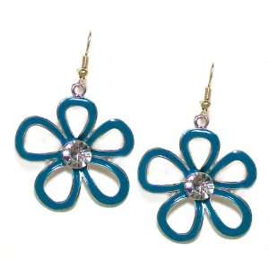 Just Give Me Jewels Silvertone Five Pedal Turquoise Open Flower Dangle 