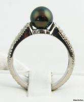   Tahitian Black Pearl Solitaire Ring 14k Solid White Gold Wheat Band