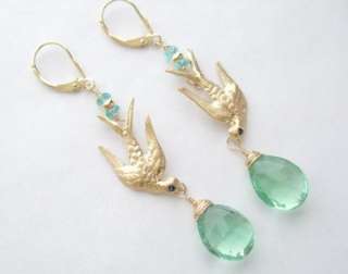14k Gold Vintage French Birds with Sapphire Eyes & Fluorite Drop 