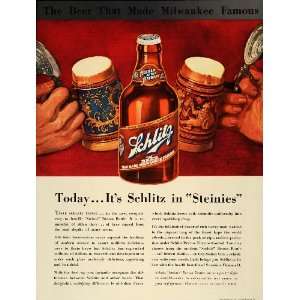  1937 Ad Schlitz Steinies Beer Milwaukee Brown Bottles 