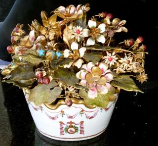   French Flower Basket ceramic w/ bronze enameled flowers  