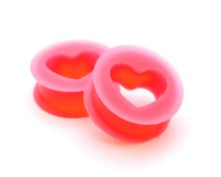 Pair of Pink Silicone Heart Tunnels set gauges plugs PICK SIZE CHOOSE 