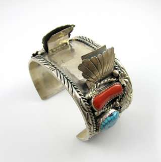 Navajo Sterling Silver Turquoise & Coral Watch Cuff by JERRY ROAN  E6 