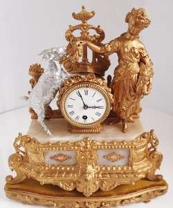 Antique 19th c French figural gilt & alabaster mantel clock   lady 