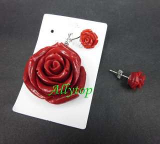 New 1set Pendant Earring Stud Red Rose Flower Free Ship  