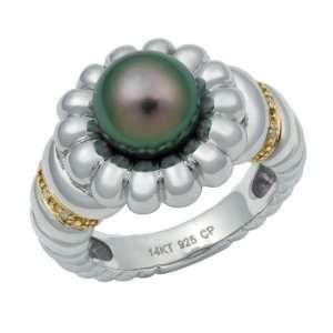   925 Sterling Silver Tahitian Black Pearl and Diamond Ring TR 10081 AM