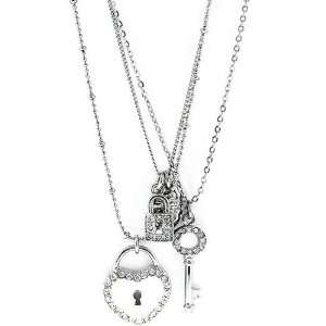    Silver Toned Multiple Chain Lock and Key Necklace   White Jewelry