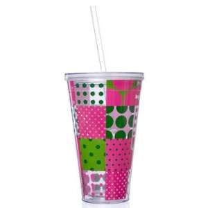  Slant 24 Ounce Cup w/Lid & Straw Pink/Green Dot Patchwork 