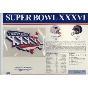  Super Bowl XXXVI Patch and Game Details Card Sports 