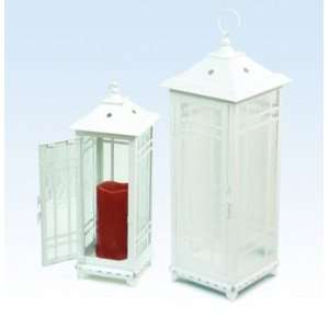 Set of 2 Garden Getaway White Metal & Glass Pillar Candle Lanterns 16 