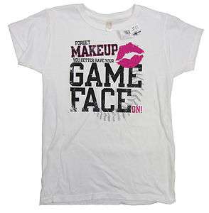 LADIES WHITE SOFTBALL FORGET MAKEUP GAME FACE MOTIVATIONAL T SHIRT NEW 