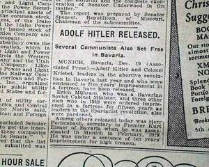 1924 Old Newspaper EARLY ADOLPH HITLER Landsberg Prison BAVARIA 
