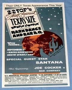 ZZ Top   Santana   Bad Co.   Texas BBQ Concert Poster  