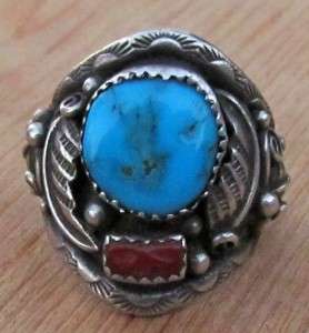 MENS OLD PAWN VINTAGE WESTERN STAMPED STERLING SILVER TURQUOISE CORAL 