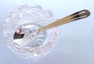 Pink Carnival Glass Sawtooth Salt Dip Silver with Spoon  