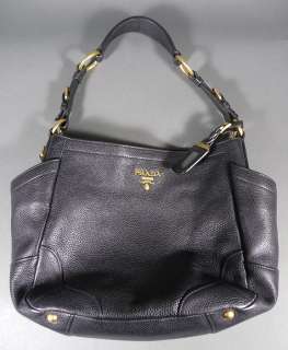 Prada Black Leather Vitello Daino Side Pocket Hobo Purse Bag  