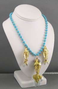 MOVEABLE ENAMEL YELLOW FISH CHARM NECKLACE WITH TURQUOISE STONE BEADS 