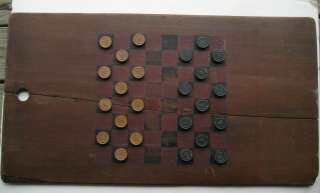  19thc b&m r.r. railroad wooden checkerboard game with orignal checkers