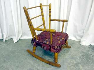 Vintage Childs Oak Rocking Chair w Quilted Fabric Seat and Ladder 