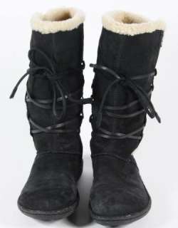 UGG Australia Black Leather Fleece Lined Lace Wrapped Boots 9  