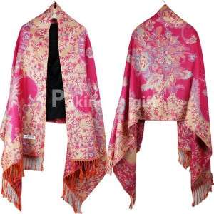 New Deep Pink Pashmina Cashmere Scarf Five Golden Flowers Thick Wrap 