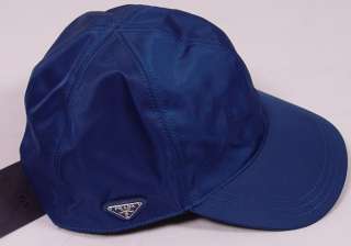 PRADA HAT $385 BLUE PRADA LOGO CREST ORNAMENTED NYLON/LEATHER BALL CAP 