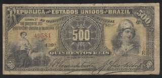 BRAZIL RARE BEAUTY 500 REIS 1893 NOTE OPORTUNITY  